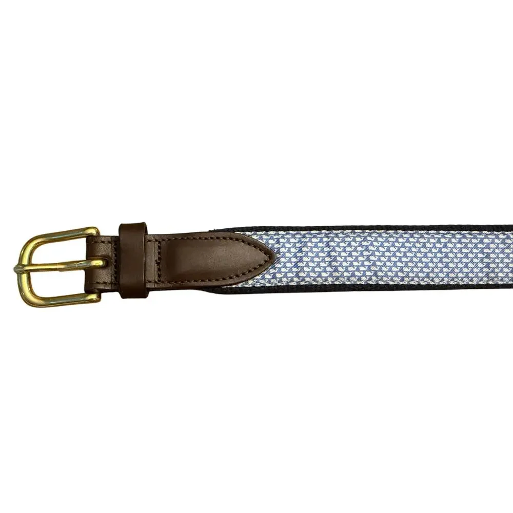 Vineyard Vines Boys Whale Canvas Club Belt Size 28 Blue Logo Brass Leather